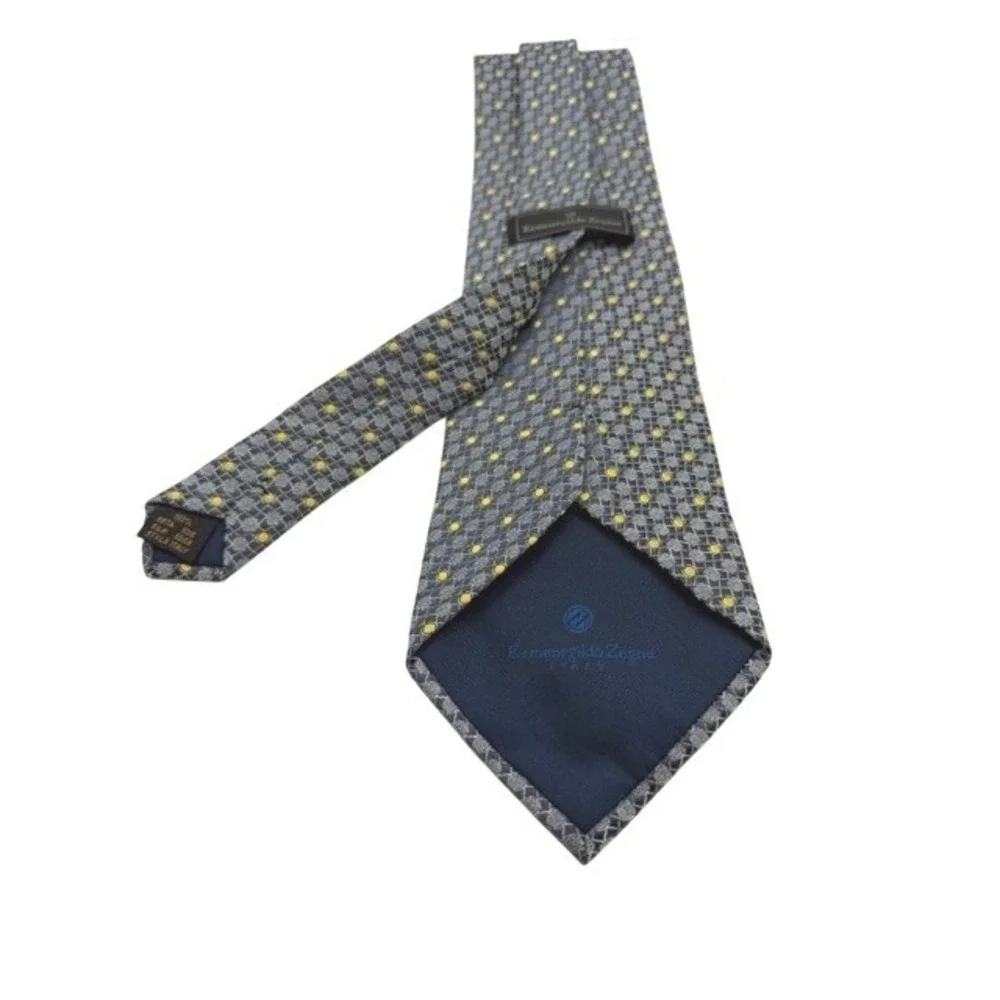 Ermenegildo Zegna Silk Tie‎ Mens Grey Navy Yellow Geometric Polka Dot Wide Italy